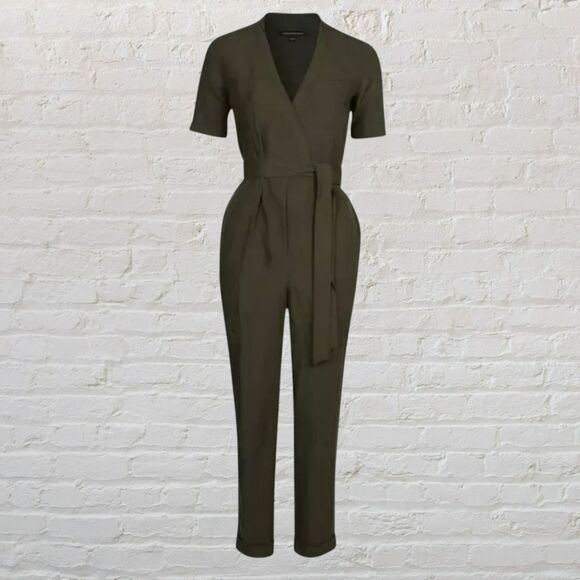 French Connection Olive Tencel Jumpsuit 8 Wrap Tie Military Casual - Picture 2 of 16